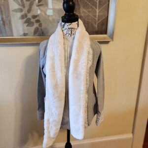 Gray Cardigan with White Faux Fur Trim